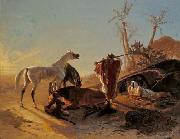 unknow artist Rastendes Beduinenpaar mit Araberpferden France oil painting artist